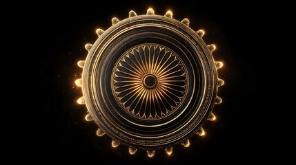 Ashoka Chakra Made Of Gold Floating On Black Background, Glowing Edges, Patriotic And Elegant Theme, No Text
