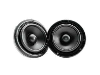 Two black speaker cones.  A detailed rendering of two speaker cones, positioned side-by-side, with a dark background.  Each speaker shows a round, black cone and a dark-toned metal ring