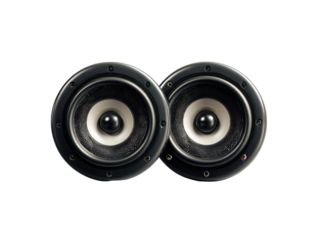 Close-up of two black speakers, circular, facing forward, with white cones