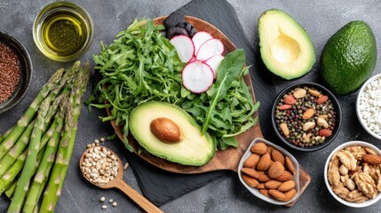 Fresh healthy avocado salad with radishes arugula lemon juice nuts and seeds on black slate background
