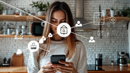Connected Lifestyle: Woman Using Smartphone with App Icons Overlaying Home Setting - Powered by Adobe