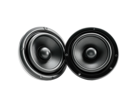 Two black speaker cones.  A detailed rendering of two speaker cones, positioned side-by-side, with a dark background.  Each speaker shows a round, black cone and a dark-toned metal ring