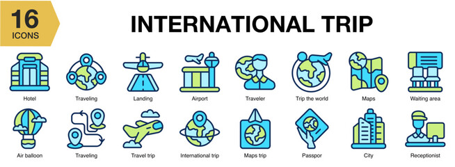 International Trip flat icon set. Includes passport, flight, airplane, airport, journey, and More. Flat icons vector collection.