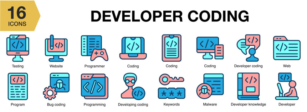 Developer Coding flat icon set. Includes coding, program, software, backend, frontend, and More. Flat icons vector collection.