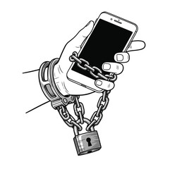 Smartphone addiction handcuffed by chain concept vector illustration design