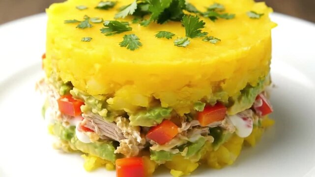 A layered yellow causa dish on a white plate garnished with cilantro