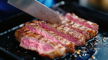 Juicy Medium Rare Steak with Perfect Grilling Marks on Black Plate