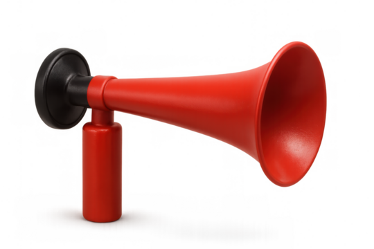 Red plastic horn creating loud noise, isolated on transparent background, perfect for grabbing attention