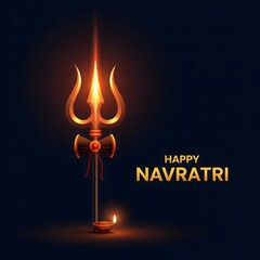 Glowing trishul and happy navratri greeting with diya