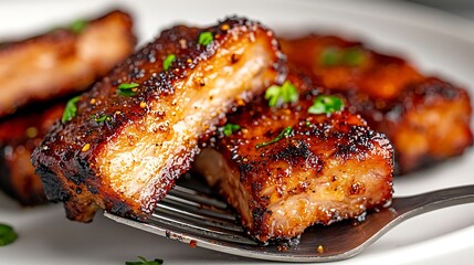 Deliciously glazed pork belly bites on a fork