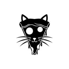Whimsical Black Cat Head Pizza Slice Graphic with Dripping Cheese and Whiskers.