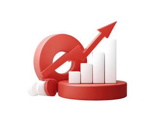 3D graphic of growth. Red circle with hole, ascending arrow, and white bar graph on red podiums