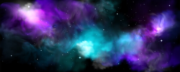 Naklejka premium Cosmic nebula with vibrant purple and blue gas clouds - space background with stars, planet atmosphere and interstellar dust. Galaxy scenery for fiction astronomy wallpapers and universe designs.