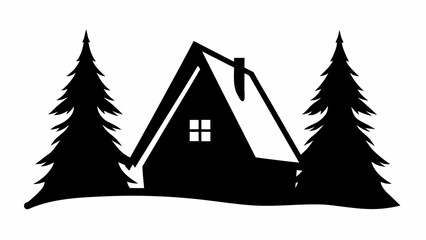 A frame cabin silhouette nestled between two evergreen trees in a monochrome forest scene graphic