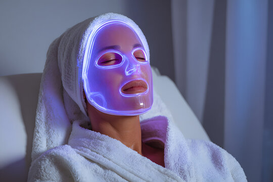 Woman receiving rejuvenating led light therapy facial treatment with glowing mask in modern wellness spa environment