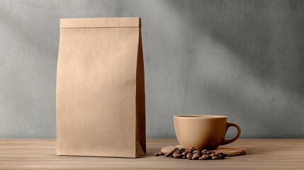 Paper coffee bag mockup on neutral background for product branding