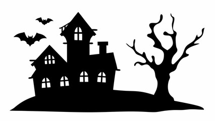 Silhouette of a spooky haunted house with bats flying and a bare tree on a white background scene