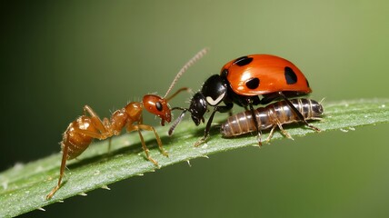 Fototapeta premium Ant ladybug and larva on green leaf insect macro