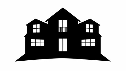 Silhouette of a spooky house with multiple windows and a balcony against a white background scene