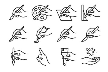 Simple hand drawing icons with brush and paint palette on dark background