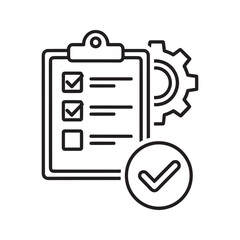 Fototapeta premium Process approval icon with checklist and gear for completed task and quality control verification representing successful project management line vector stroke