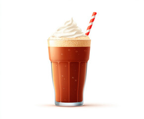 Creamy root beer with whipped cream and striped straw in tall glass. Refreshing and delicious