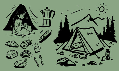 Hand-Drawn Camping Illustration with Girl, Tent, Coffee, and Picnic Elements. Suitable for use in parent-child picture books, picnic-themed cultural and creative products, holiday packaging, postcards