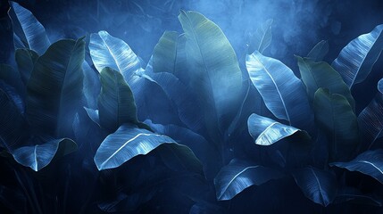 Lush tropical leaves in moody blue light