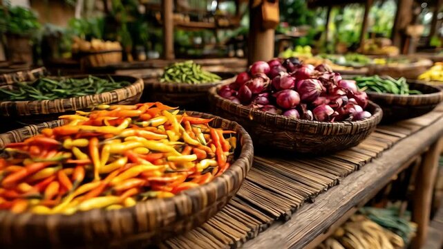 Woven baskets brim with colorful peppers and red onions on a rustic market stall