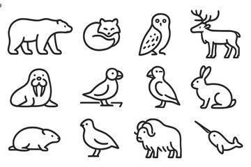 Obraz premium Outlined icons of arctic animals: bear, deer, owl, fox, walrus, and more