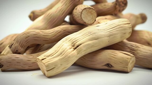 Pile of Smilax Glabra Rhizome Traditional Herb Medicine on White Surface