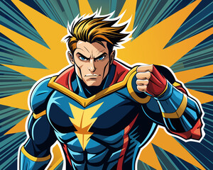 Pop art comic book style super hero punching with male superhero costume poster design