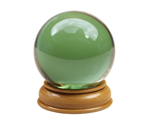 A green glass crystal ball sits on a wooden base.  Clear reflections within