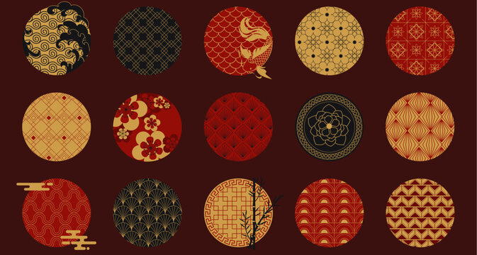 Asian circle ornaments collection with golden Japanese patterns - sea wave and koi fish, cherry blossoms and bamboo, lotus flower and traditional wave motifs in for oriental design elements.
