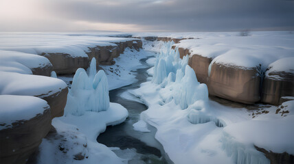 Stunning frozen canyon landscape with icy formations and flowing water under dramatic winter sky
