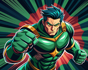 Pop art comic book style super hero punching with male superhero costume poster design