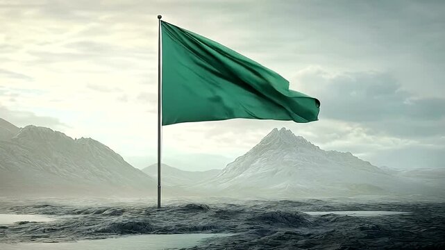 Green flag waving in a mountainous landscape