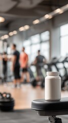 White supplement bottle mockup in gym setting with blurred athletes in background, perfect for fitness, health and sports nutrition branding