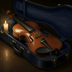 Naklejka premium A polished violin resting in its dark blue case with a lit candle beside it. A still life showcasing a musical instrument in a case, highlighting the craftsmanship and elegance of the violin.
