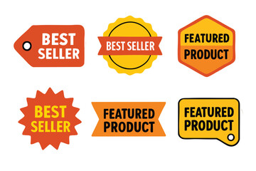 Obraz premium A collection of colorful, vector-based best seller and featured product badges in various shapes, suitable for promotional marketing and highlighting special offers within a business.