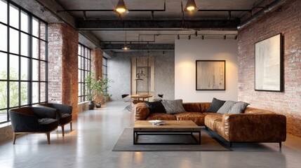 industrial loft interior with exposed brick walls, concrete floor, large metal-framed windows, vintage leather sofa, warm lighting, open space