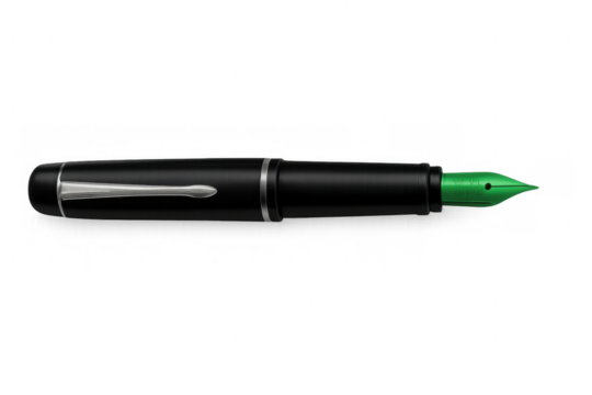 Black fountain pen with metallic green nib gleaming against transparent backdrop, studio-captured precision