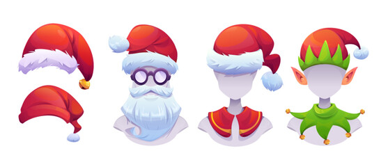 Christmas costume elements set - red Santa hats with white fur, elf headwear with ears and collar, glasses and beard for holiday character dress up or photo filter. Festive accessories collection.