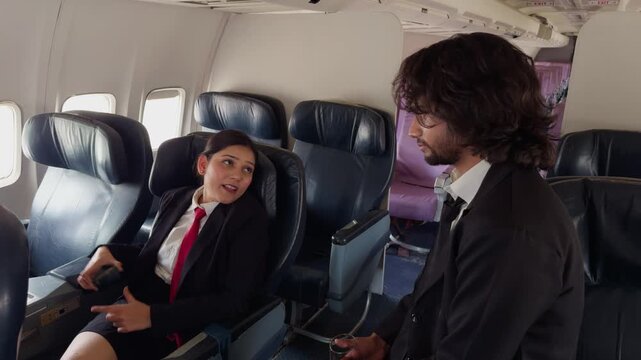 Two Suited Passengers Converse in Empty Aircraft Cabin