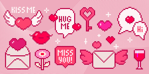 Pink pixel art Valentine collection with hearts, love letters and romantic messages - retro 8 bit style wings, envelopes, wine glass on wavy striped bg. Digital nostalgia design for gaming aesthetics.