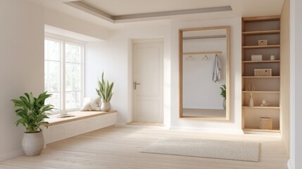 Fototapeta premium minimalist entryway interior, large mirror, built-in closet, light wooden floor, white walls, simple decor, natural daylight 