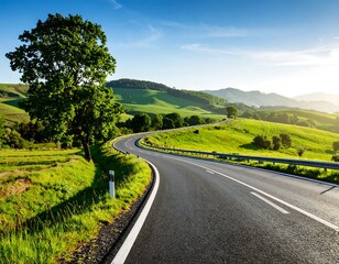 Naklejka premium Winding road through lush landscape