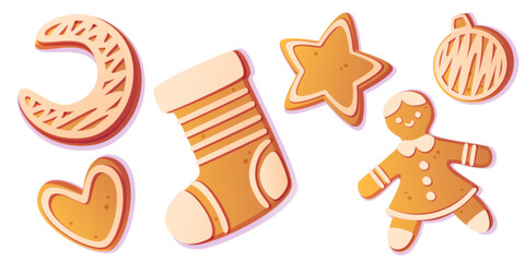 Gingerbread cookie set - festive ginger character with icing smile, striped stocking, star shape, heart and moon crescent, bauble ornament. Christmas bakery treats for holiday decoration design.