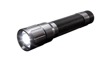 Sleek metallic flashlight with bright beam isolated on a transparent background illumination