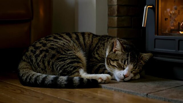 Cute tabby cat sleeping on floor next to warm fireplace. Hygge and home comfort. Domestic animal, pet care and winter holidays concept for banner
